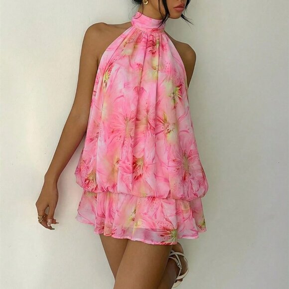 Light Pink Boho Women's Elegant Floral Print Halter Mini Dress - Picture 7 of 7